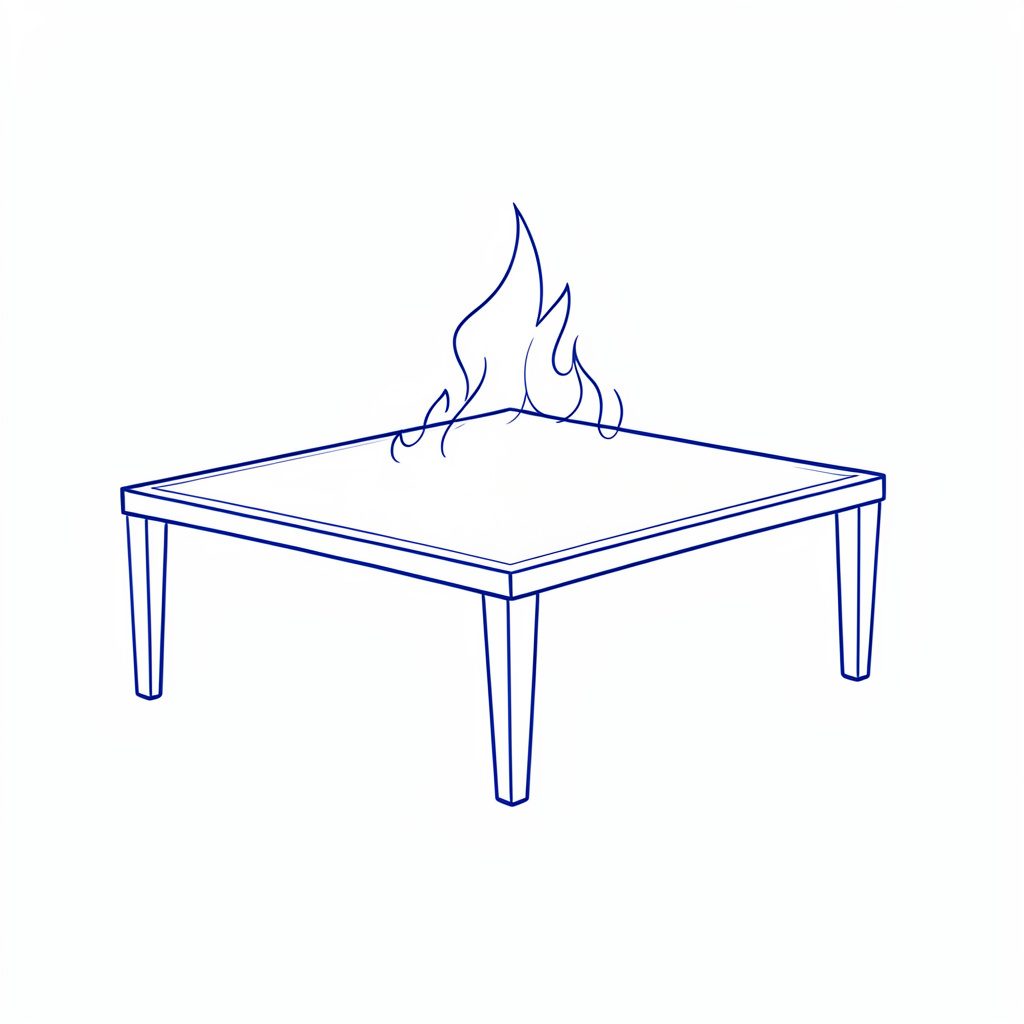 A simple line drawing of a piggy bank on a wooden table beside a notebook, warm brown and cream tones